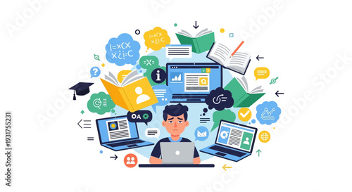 Overwhelmed Student Experiencing Information Overload and E-Learning Stress. Digital Education Multitasking and Study Pressure Concept Illustration.