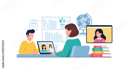 Online Education, Video Conference, and Remote Work Illustration. Virtual Classroom or Business Meeting via Laptop.