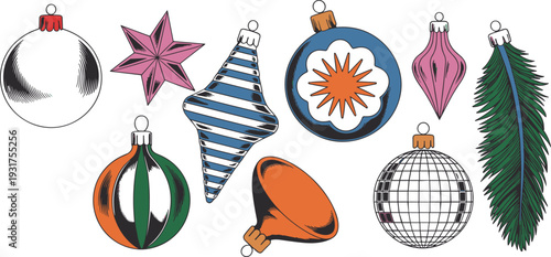 Christmas ornaments, holiday decorations, festive baubles, star ornament, striped ornament, teardrop shape, pine needle design, disco ball, colorful festive icons, winter celebration