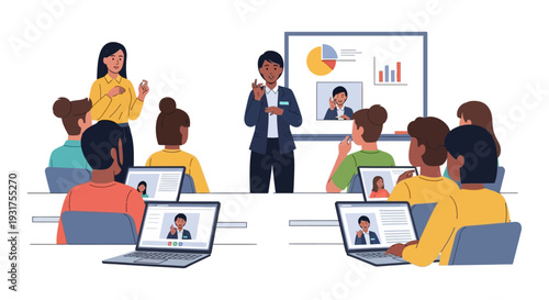 Hybrid Training Seminar Illustration: Diverse Professionals Attend Business Presentation with Female Speakers, Integrated Video Conferencing, and Laptops.