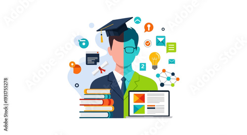 Academic Knowledge vs Digital Skills: Hybrid Education Concept with Student, Books, Laptop, and Graduation Cap