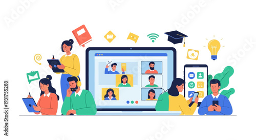 Digital E-Learning and Online Education Concept: Group of Students or Employees Attending a Video Conference Meeting via Laptop and Mobile Devices