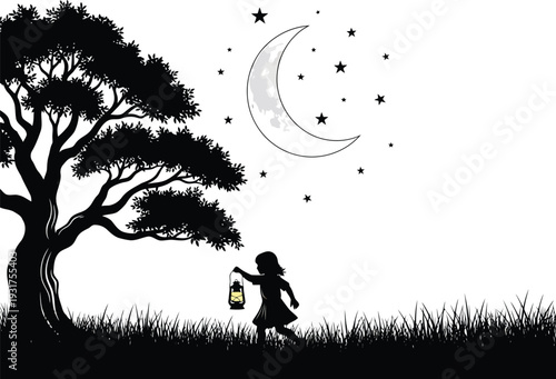 A silhouette of a young girl holding a lantern stands under a majestic tree beneath a crescent moon and twinkling stars.