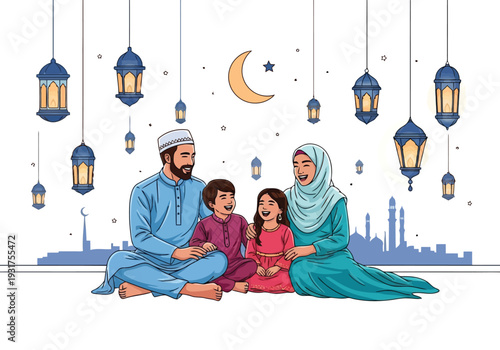 A joyful Muslim family, including parents and two happy children, sits together smiling under a crescent moon and festive lanterns with a city skyline in the background.