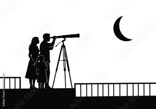 A silhouette of a family, comprising a father, mother, and child, observing the majestic crescent moon through a powerful telescope from a rooftop.
