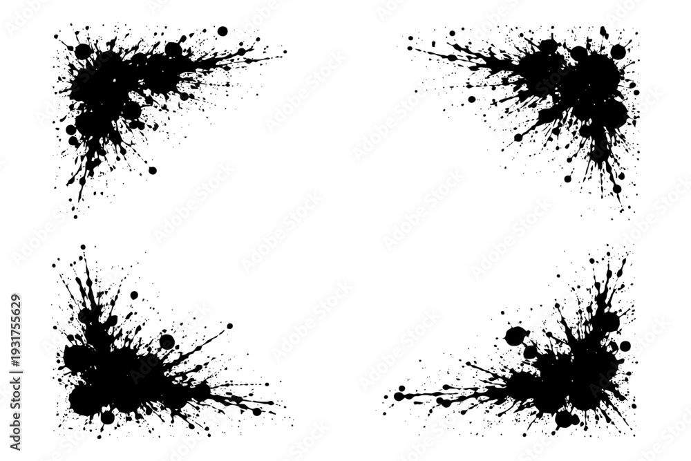 Obraz premium Abstract black paint splatter art on white background with four corners.