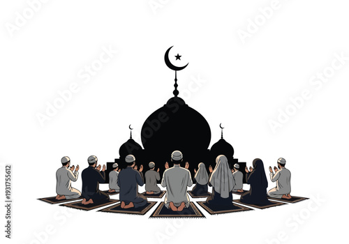 A large congregation of diverse Muslim men and women are depicted in silhouette, devoutly praying together before a grand mosque.
