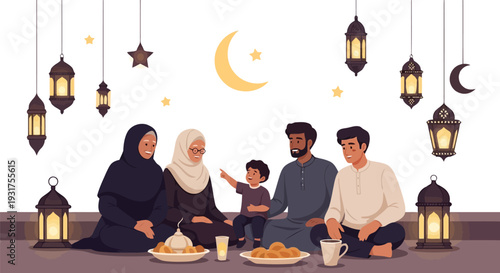 A heartwarming illustration of a multi-generational Muslim family sharing an Iftar meal, sitting on the floor surrounded by food, festive lanterns, and a crescent moon under starry skies.