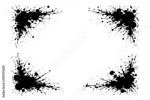 Abstract black paint splatter art on white background with four corners.