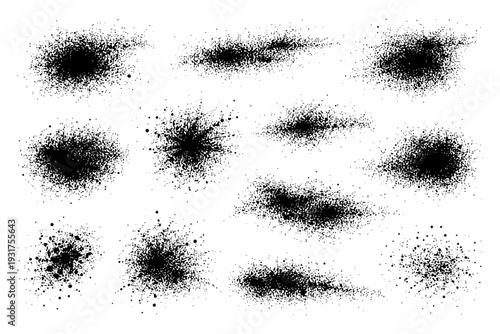 Black ink splatter set on white background with 12 unique blot designs.