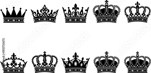 Crown silhouettes, royal icons, black crowns, vector design, monarchy symbols, regal authority, luxury, heraldry, ornate crowns, fleur-de-lis, crosses, arches, jewel decorations