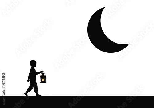 A solitary child in silhouette walks with a traditional lantern under a large, dark crescent moon against a bright white background.