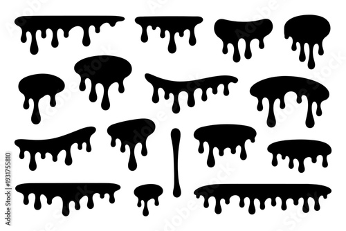 Dripping black ink blots set with various shapes.