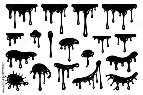 Black dripping liquid set on white background: various shapes and designs.