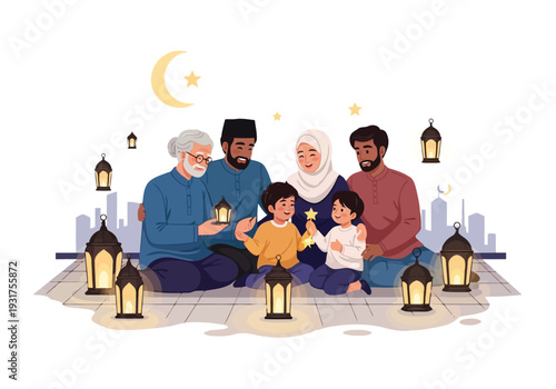 A joyful multi-generational Muslim family celebrates together, sitting on the ground surrounded by glowing lanterns, under a crescent moon and star.