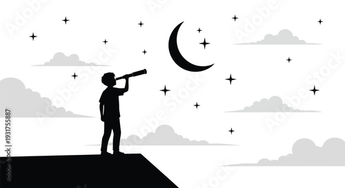 A young child in silhouette stands atop a building looking through a telescope at a crescent moon and scattered stars amidst clouds.