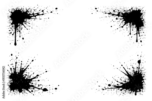 Black ink splatter frame with grunge design on white background.