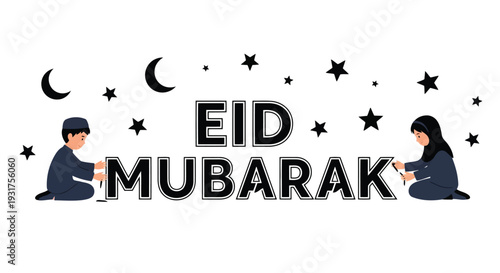 Two joyful Muslim children, a boy and a girl, kneel and decorate the phrase 'EID MUBARAK' with crescent moons and stars.