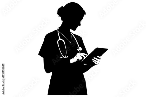Silhouette of female healthcare worker using tablet.