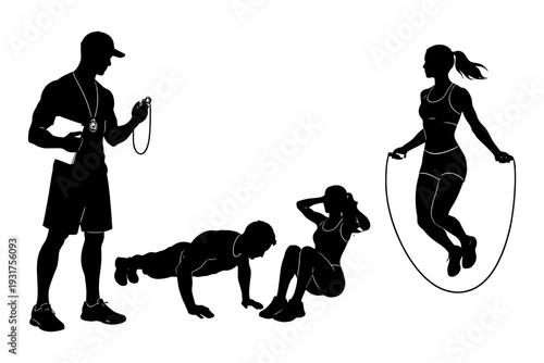 Silhouettes of fitness activities with male coach and female athletes jumping rope.
