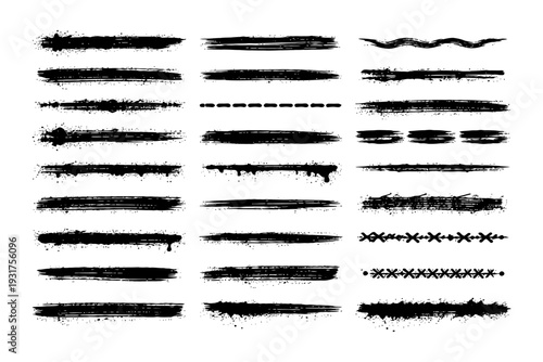 Set of 24 diverse grunge brush stroke designs for creative projects.