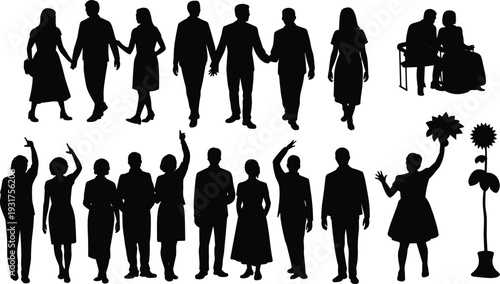 Black silhouette collection of people walking, standing, sitting, holding hands, gesturing, and posing with sunflower isolated on white background for design.