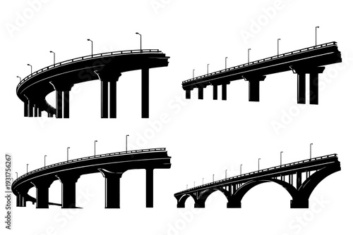 Collection of silhouetted bridges with arched and curved designs.