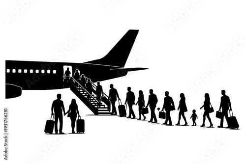 Silhouette of people boarding airplane: diverse group traveling together.
