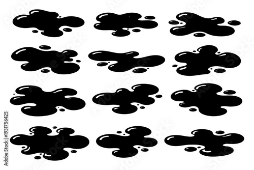 Black ink splatter collection on white background.
