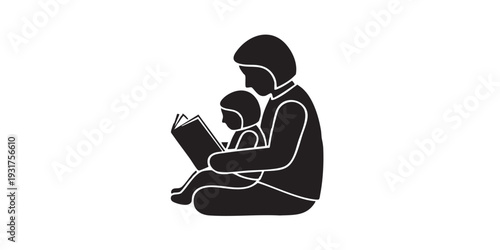 Parents teaching child to read icon set, 1x3 grid layout, black silhouette, outline, and colored flat vector styles, isolated on white background, minimal design.