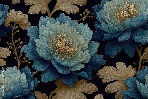 Elegant, chic, vintage seamless repeatable pattern featuring full bloom flowers in cobalt blue, gold accents