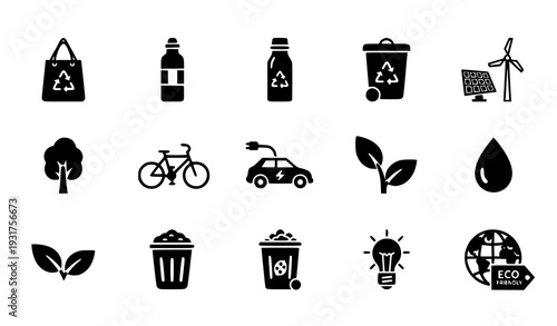 Black Silhouette Sustainable Goods and Eco Lifestyle Icon Set