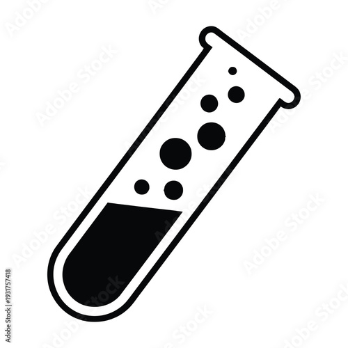 Black and white illustration of a transparent test tube containing dark liquid and bubbles