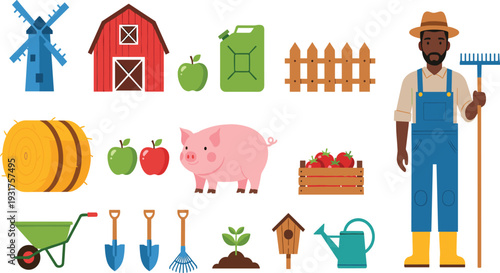 Farmer and Agriculture Elements Vector Set with Barn Windmill Pig Apple Hay Bale Garden Tools and Rural Harvest Illustration.