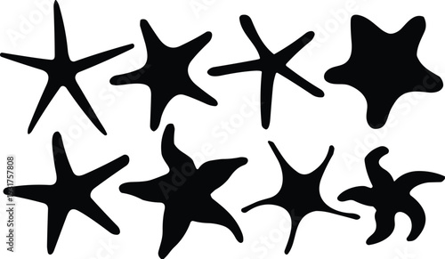 Black silhouette collection of various starfish shapes, sea stars icons for marine life, coastal decor, summer beach vacation, isolated set,