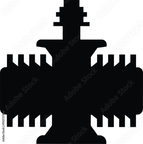 Black and white abstract geometric shape with symmetrical pointed edges and a central vertical line