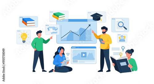 Digital Learning and E-Education Success. Flat vector illustration of students acquiring knowledge, analyzing data, reading books, and achieving academic progress.