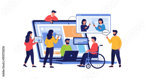 Diverse Remote Team Collaborating on Accessible Web Design, Digital Inclusion, and Universal Design Strategy.