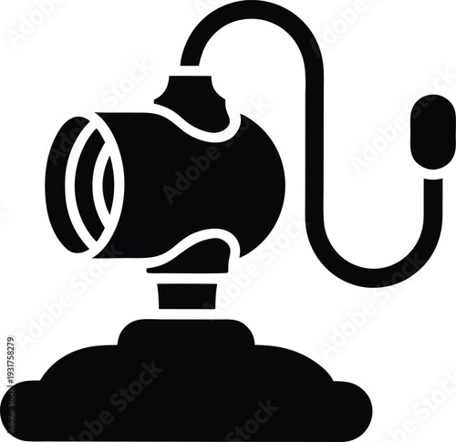 Black and white of a fire extinguisher with a hose and nozzle attached