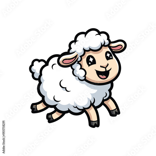 Happy Cartoon Sheep with Fluffy White Wool.