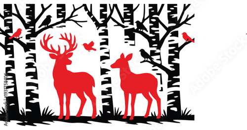 Silhouetted deer pair standing amidst a stylized forest scene with birds in flight