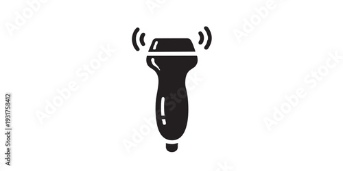 Single black and white handheld ultrasound probe icon with small wave lines, flat solid vector illustration, minimal design, centered composition, isolated on white background, clean simple style.