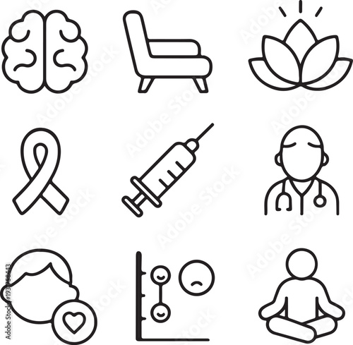 A collection of line art icons depicting mental health wellness and medical symbols in a minimalist style high quality