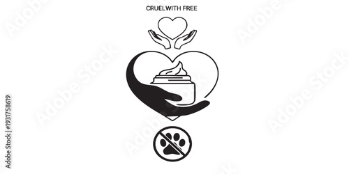 Cruelty free cream icon, made with love concept, not tested on animals symbol, minimal flat vector design, black and white only, simple silhouette style, clean outline, isolated on white background, s