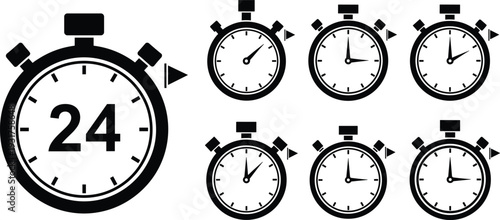 24 hour stopwatch icons set, timer clock countdown symbols, time management and deadline concept, black solid design, vector