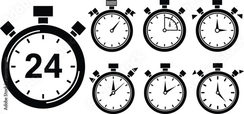 24 hour stopwatch icon set, countdown timer and deadline clock symbols, time management concept collection, black solid vector