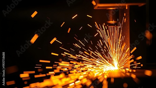 Industrial metal cutting with glowing sparks flying in dynamic motion against a dark backdrop. safety posters.