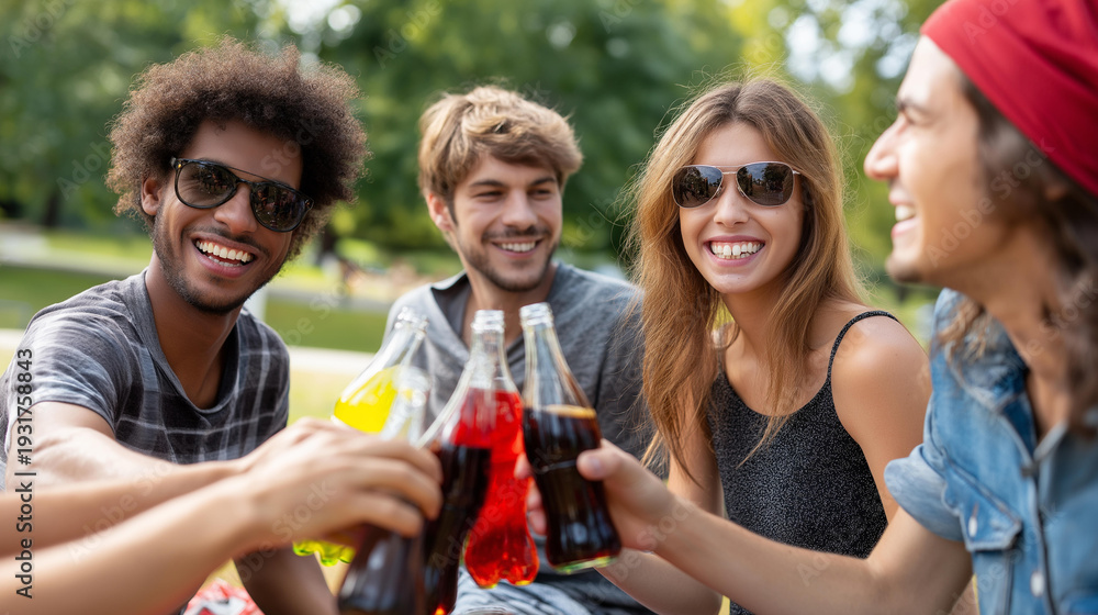 Obraz premium Friends laughing and clinking beer and soda bottles at an outdoor summer picnic, casual weekend gathering, social bonding celebration, summer leisure lifestyle, outdoor picnic fun,