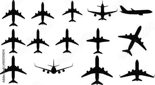 Airplane Silhouette Icons Set for Aviation Travel Passenger Aircraft Jet Top and Side View Vector Illustration Collection