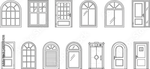 Arched window and door outline set, classic facade frames collection, residential architectural elements 